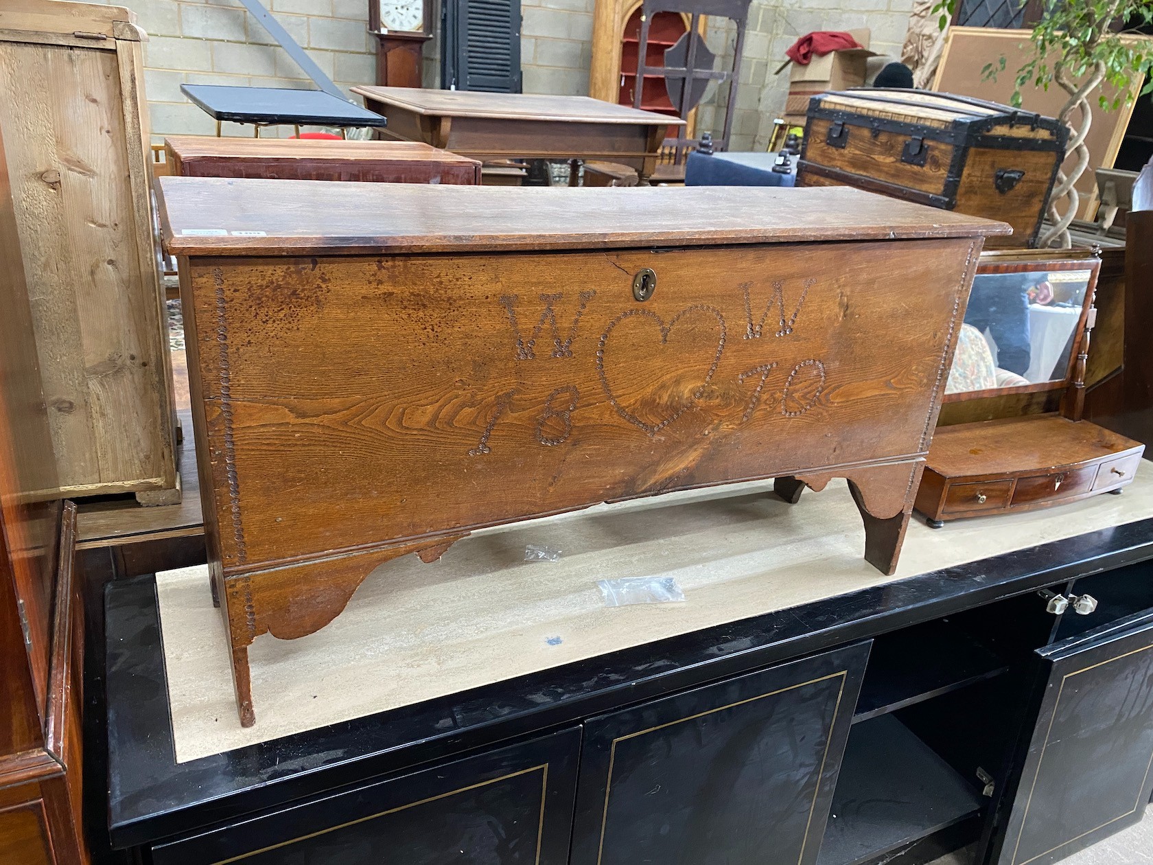 A Georgian ash boarded coffer, later inscribed WW1870, length 114cm, depth 36cm, height 61cm